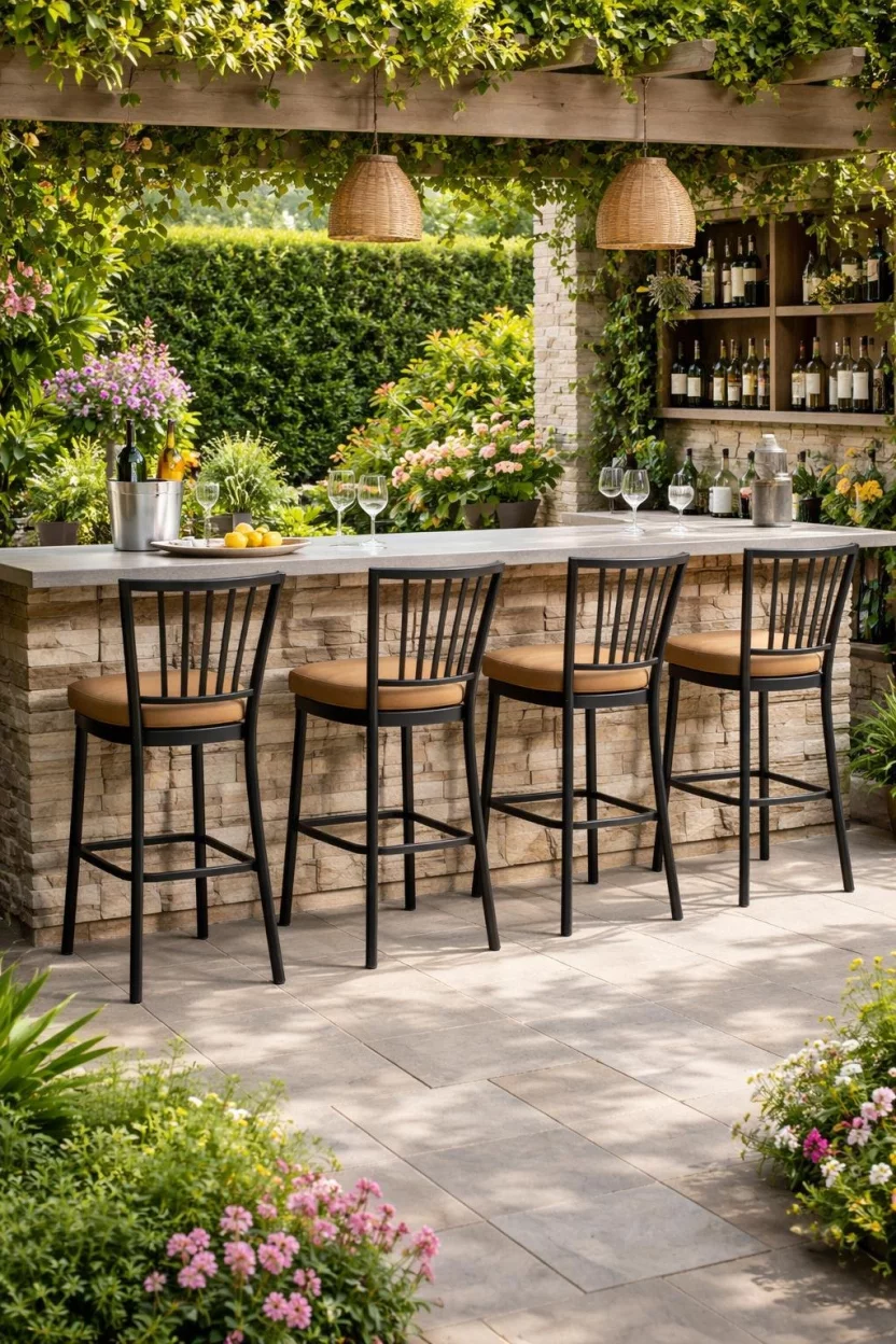 A realistic photo of a garden bar area with four tall black metal bar stools featuring high backs and tan cushions, lined up along a stone bar counter.