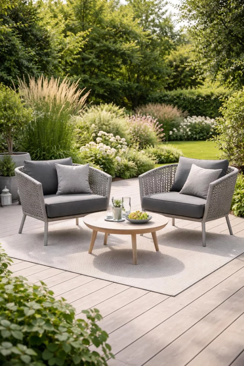 A realistic photo of a garden lounge with two light grey chairs featuring intricate rope woven backs and sides, topped with charcoal grey cushions on a light wood deck.