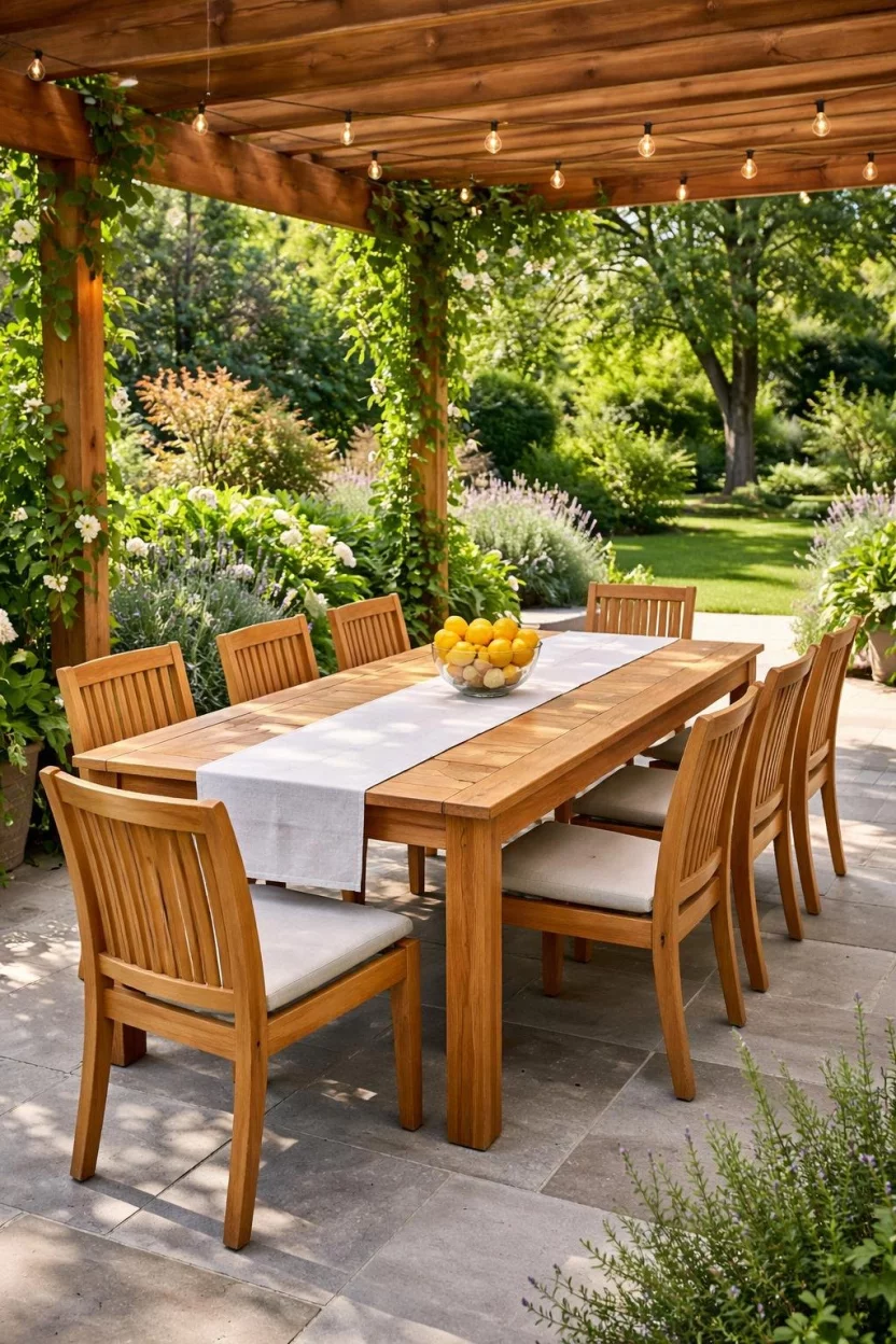 A realistic photo of a garden patio showcasing a long honey colored solid teak dining table with six matching teak chairs, topped with a simple white linen runner and a glass bowl of lemons under a wooden pergola.