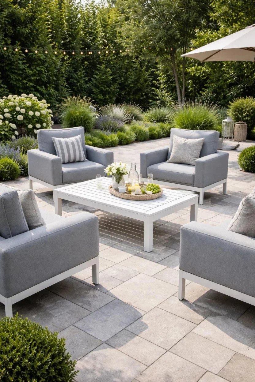 A realistic photo of a garden patio with a modern white aluminum slat coffee table surrounded by grey upholstered outdoor club chairs on a light grey stone patio.