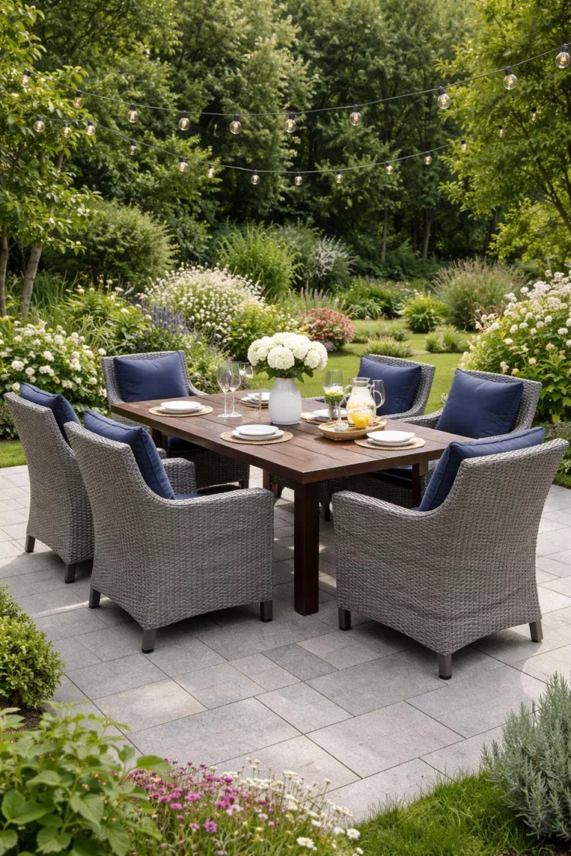 A realistic photo of a garden dining area with six grey resin wicker armchairs with navy blue cushions, surrounding a dark wood dining table on a paved terrace.
