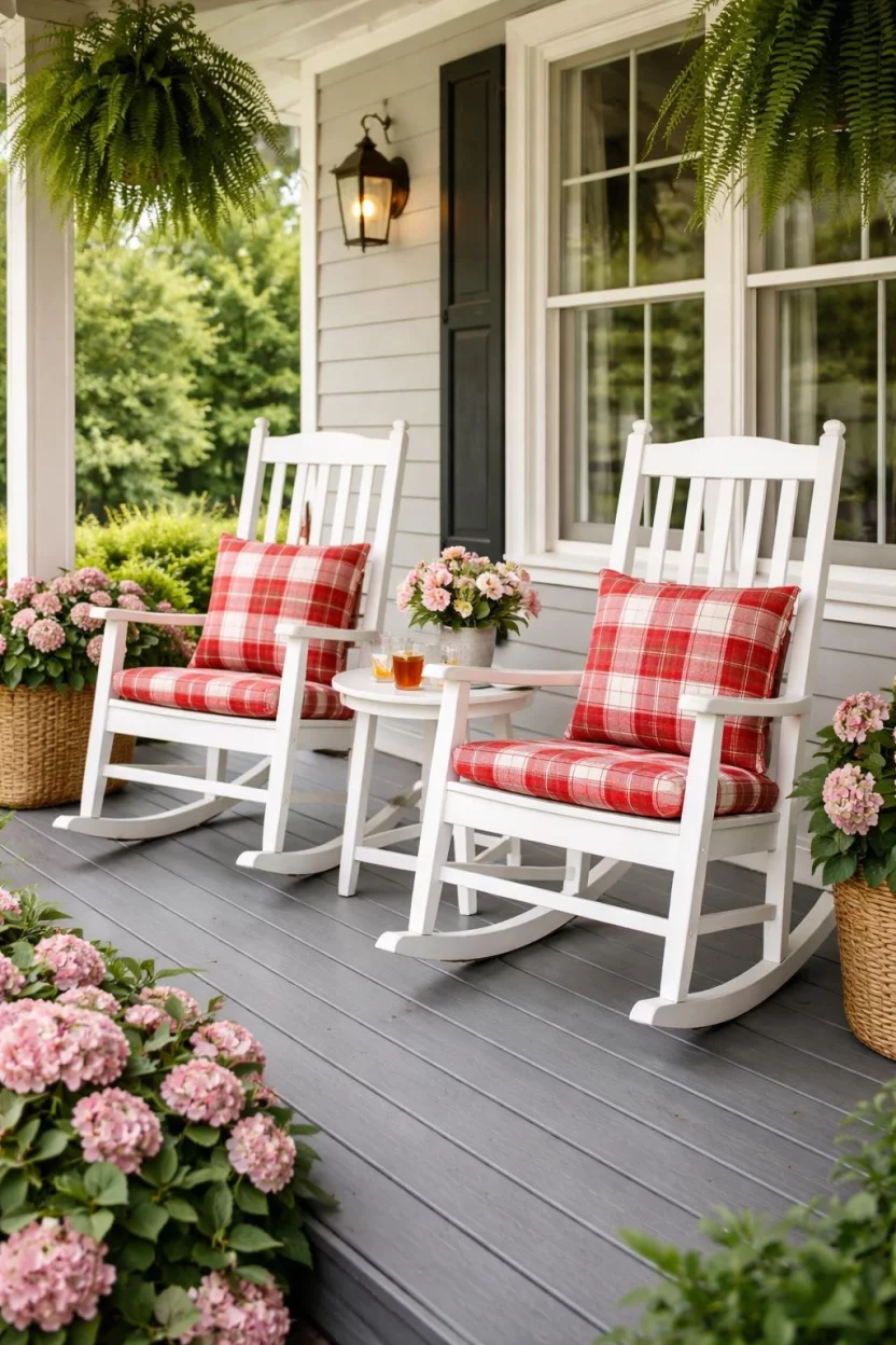 A realistic photo of a garden front porch with two classic white wooden rocking chairs with red and white plaid cushions, sitting on a grey painted wooden floor next to a small side table.