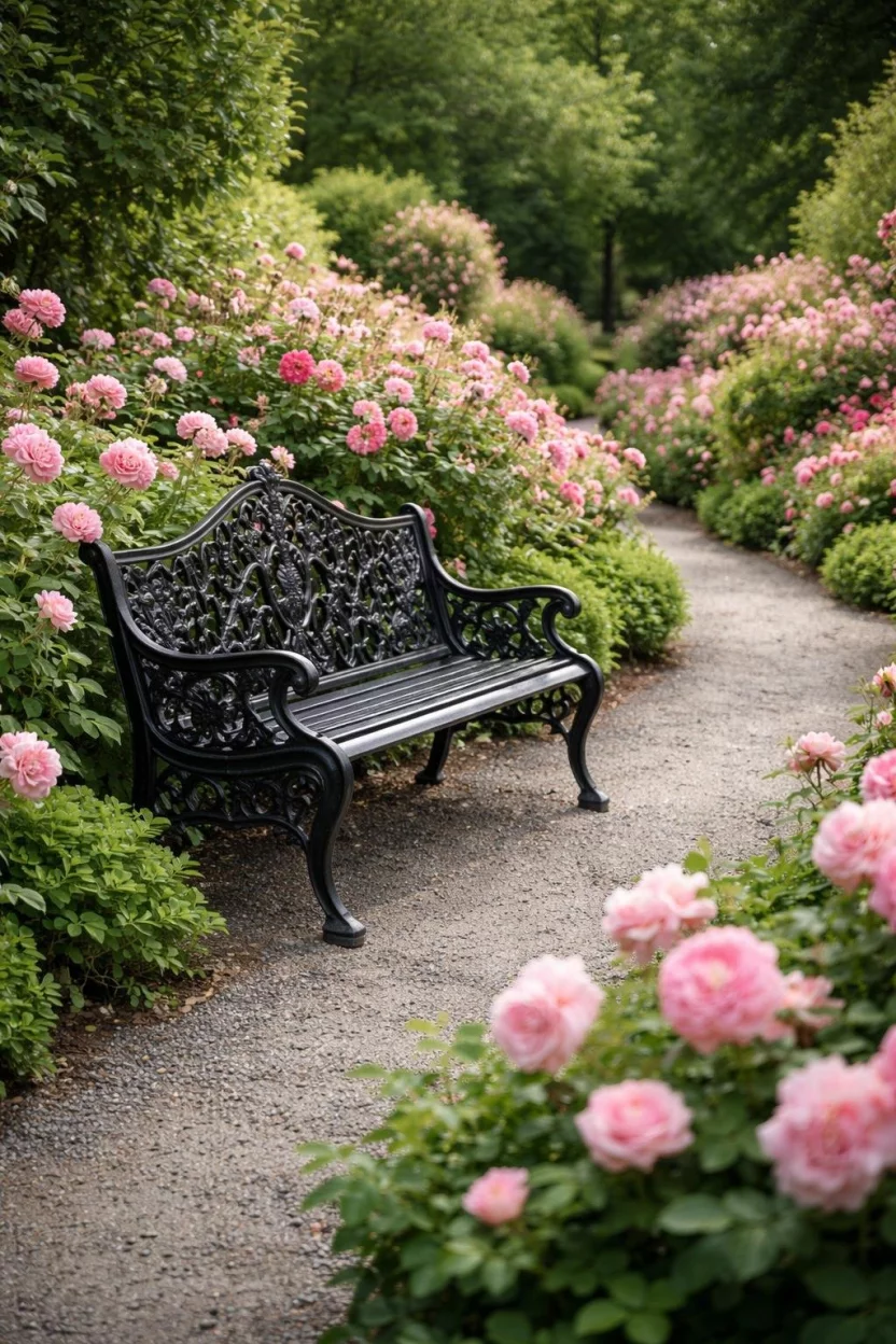 A realistic photo of a garden path with a black Victorian style wrought iron bench, surrounded by pink blooming roses and green bushes.