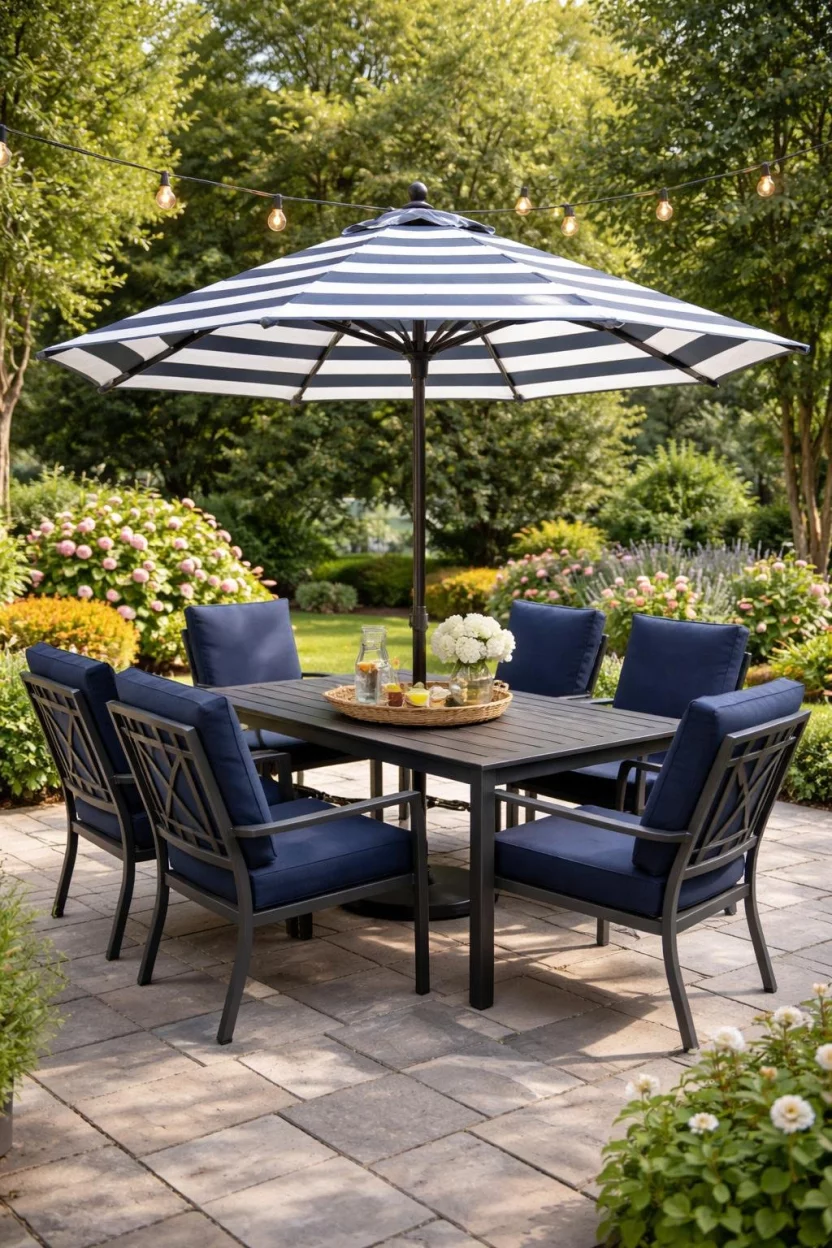 A realistic photo of a garden patio with a dark grey metal dining table featuring a large striped navy and white umbrella in the center, surrounded by matching navy blue chairs.