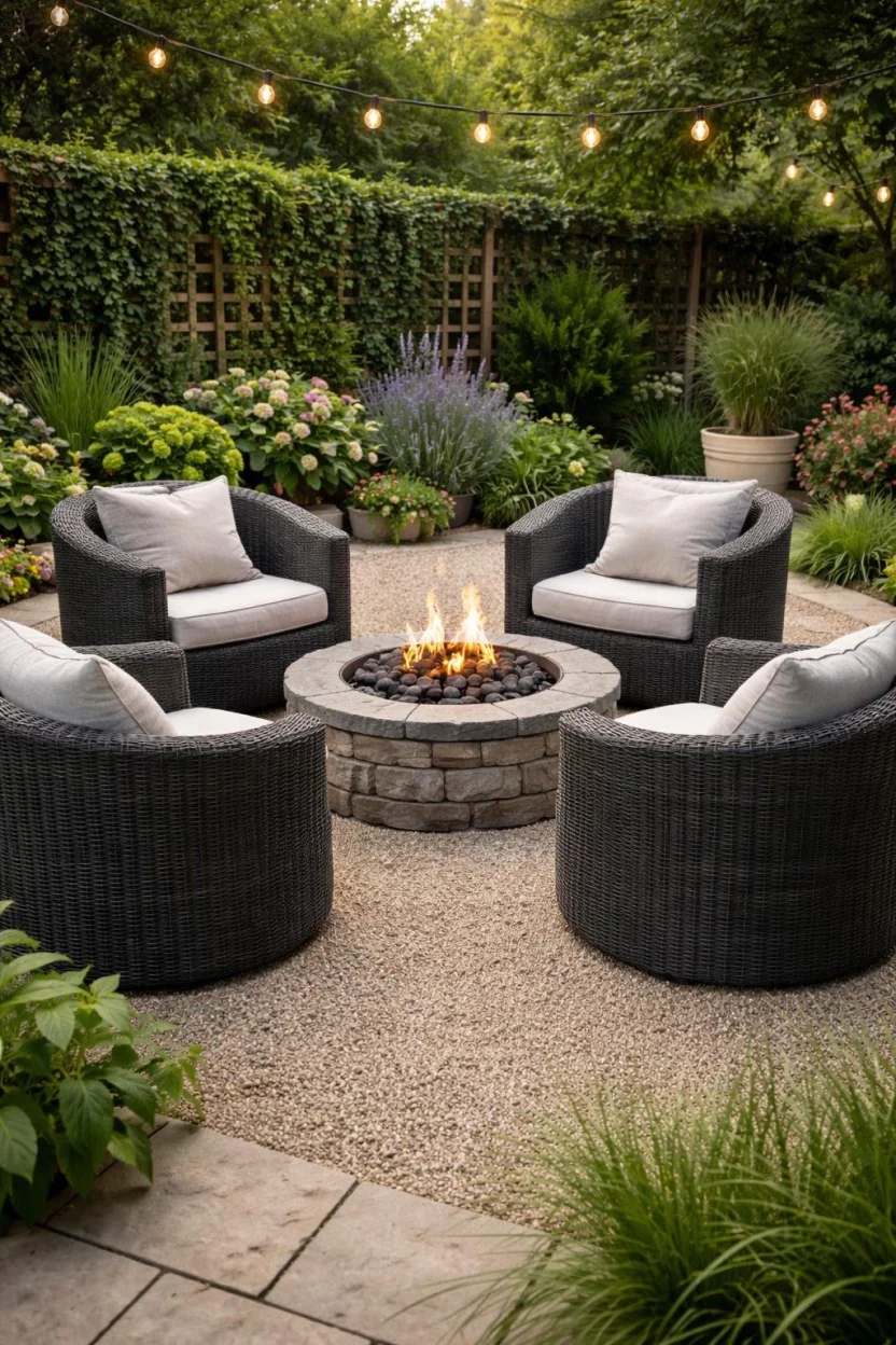 A realistic photo of a garden patio featuring four circular dark grey wicker armchairs with light grey cushions, arranged around a low stone fire pit on a gravel surface.