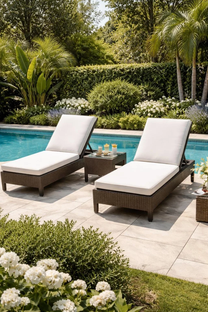A realistic photo of a garden poolside with two adjustable dark brown woven sun loungers with white full length cushions and matching small side tables for drinks.