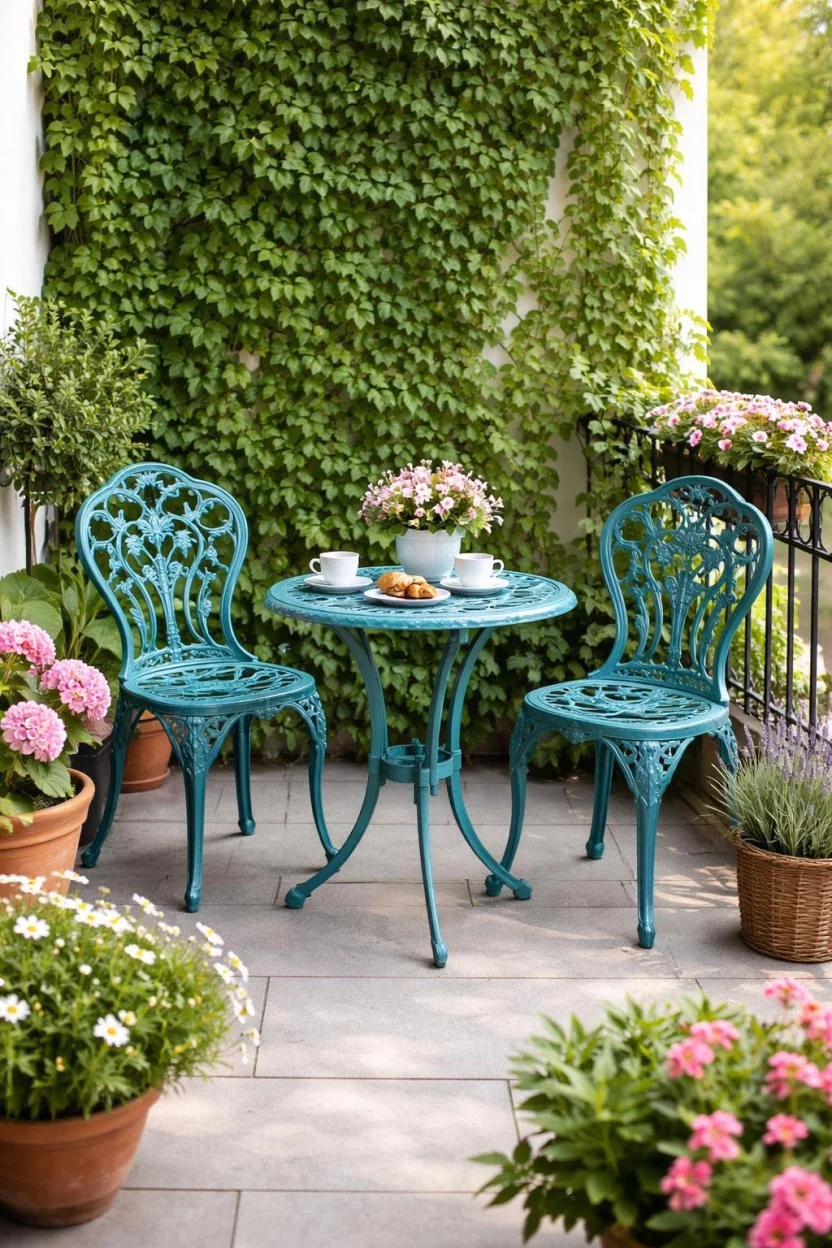 A realistic photo of a garden balcony displaying a turquoise cast aluminum bistro set consisting of two ornate chairs and a small round table with a floral pattern, set against a backdrop of climbing green ivy.