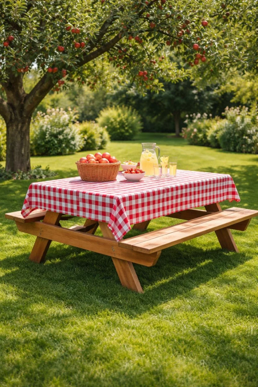 A realistic photo of a garden lawn featuring a traditional cedar wood picnic table with attached benches, set under an apple tree with a red checkered tablecloth.