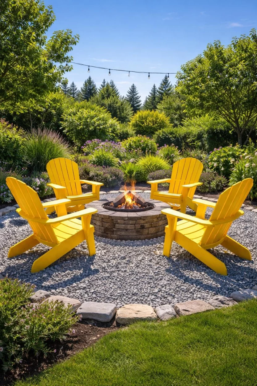 A realistic photo of a garden fire pit area with four bright yellow recycled plastic adirondack chairs arranged in a circle on a bed of grey river rocks under a clear blue sky.