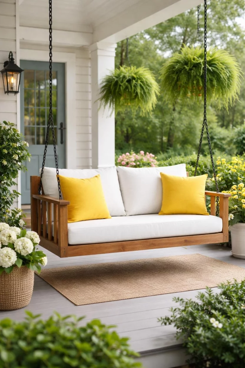 A realistic photo of a garden front porch featuring a natural wood porch swing with thick white cushions and two yellow throw pillows, hanging from black chains.