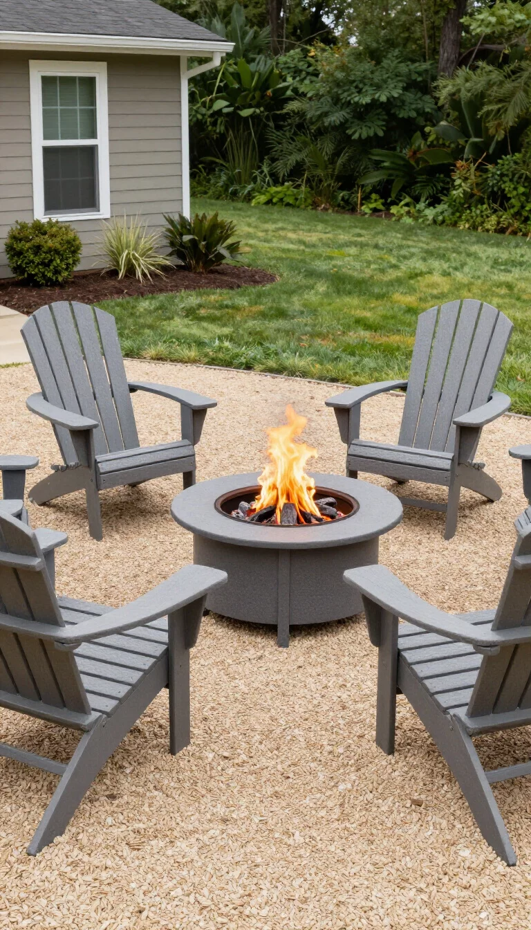 A realistic photo of an American home's backyard with a circular fire pit area featuring grey Adirondack chairs and a light tan crushed stone ground.