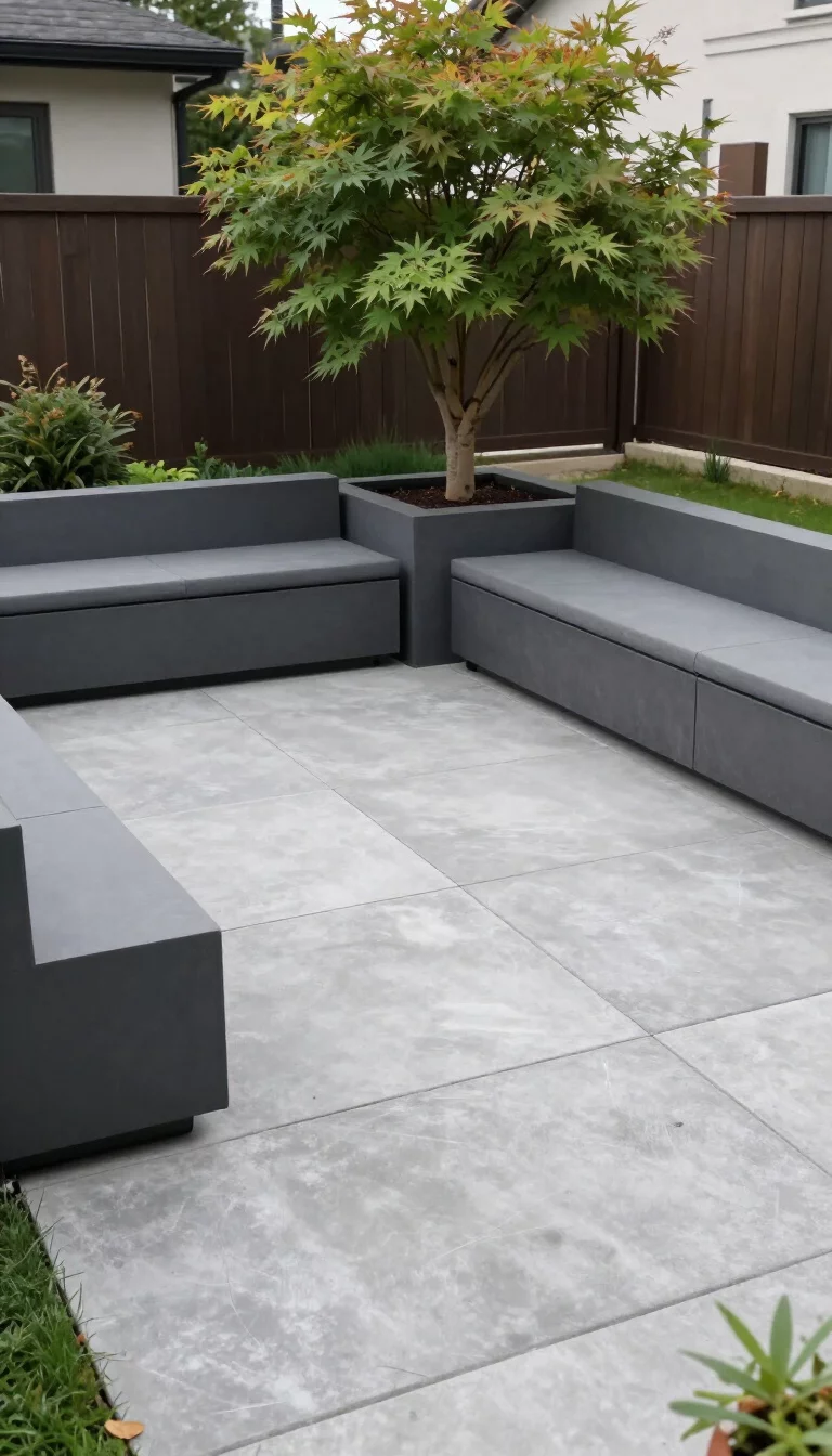 A realistic photo of an American home's backyard exhibiting a modern minimalist patio with large grey concrete pavers, sleek charcoal low slung seating, and a single architectural Japanese maple tree in a square planter.