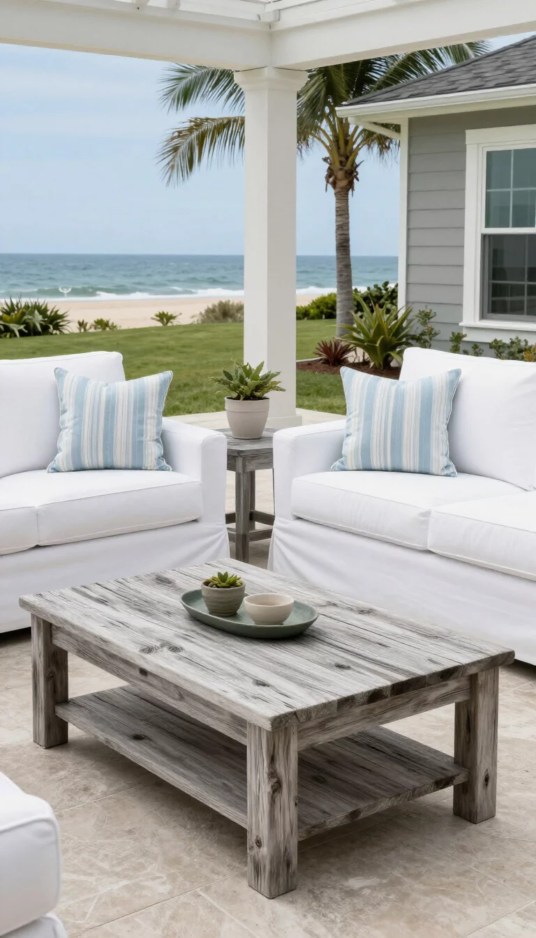 A realistic photo of an American home's backyard featuring a coastal patio with white slipcovered sofas, a coffee table made of weathered grey driftwood, and light blue striped throw pillows.