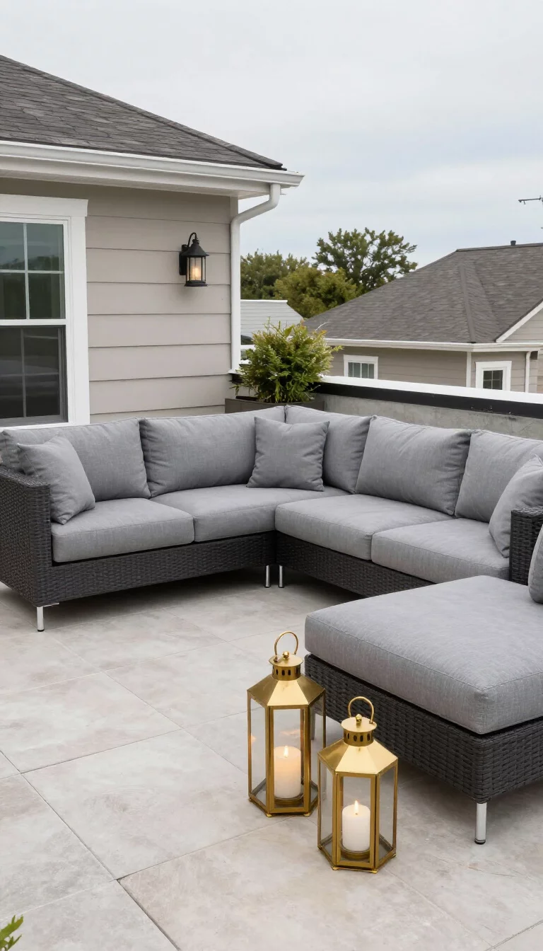 A realistic photo of an American home's rooftop patio with a large grey sectional sofa and clusters of gold metal lanterns on the ground.