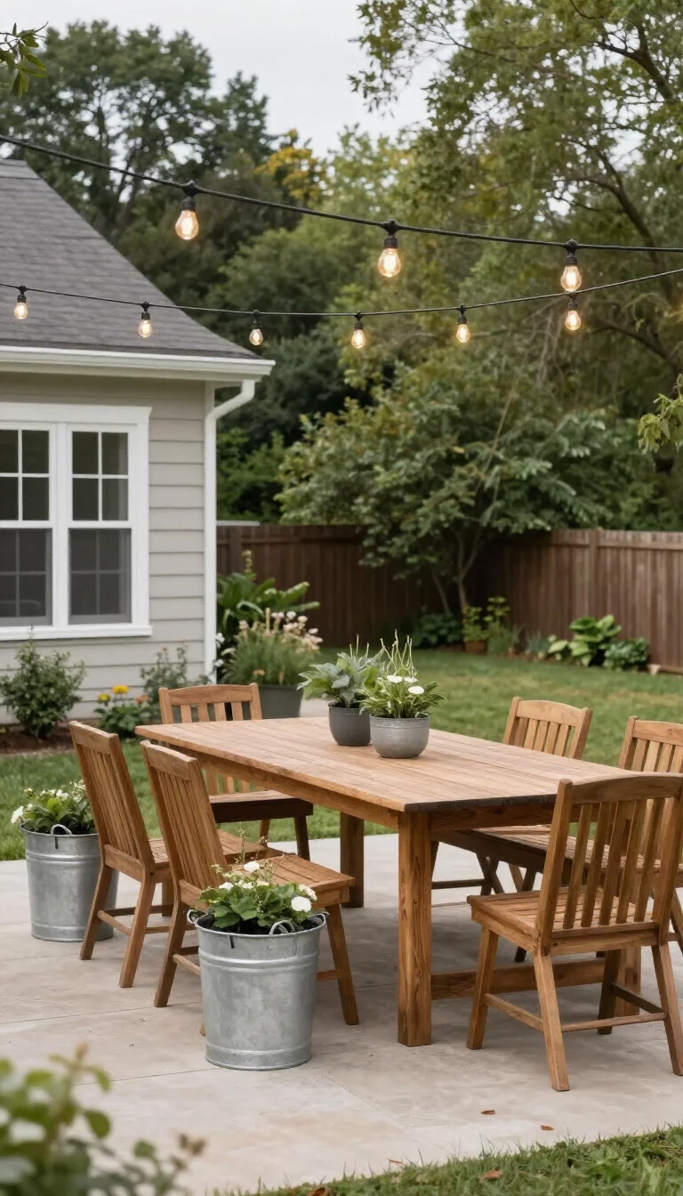 A realistic photo of an American home's backyard showing a farmhouse patio with a long wooden dining table, silver galvanized steel planters, and several strands of clear Edison string lights overhead.