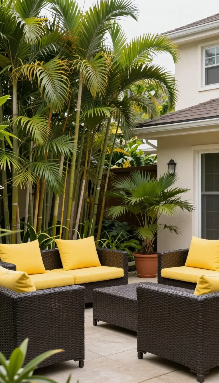 A realistic photo of an American home's backyard featuring a tropical patio with tall bamboo privacy screens, lush green palm trees in pots, and bright yellow cushions on dark wicker furniture.