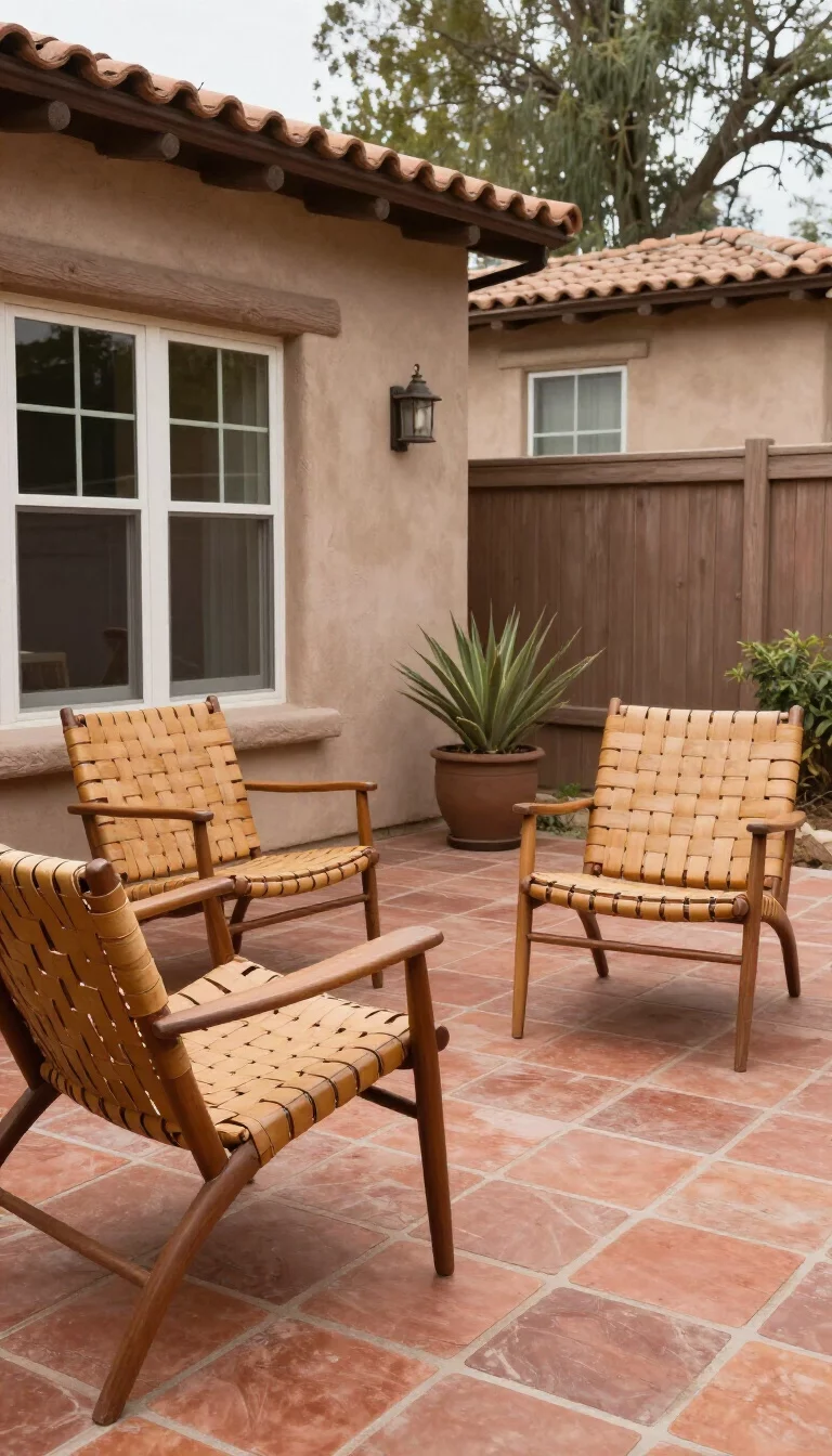 A realistic photo of an American home's backyard exhibiting a Southwestern patio with red clay floor tiles and chairs featuring tan woven leather seats.