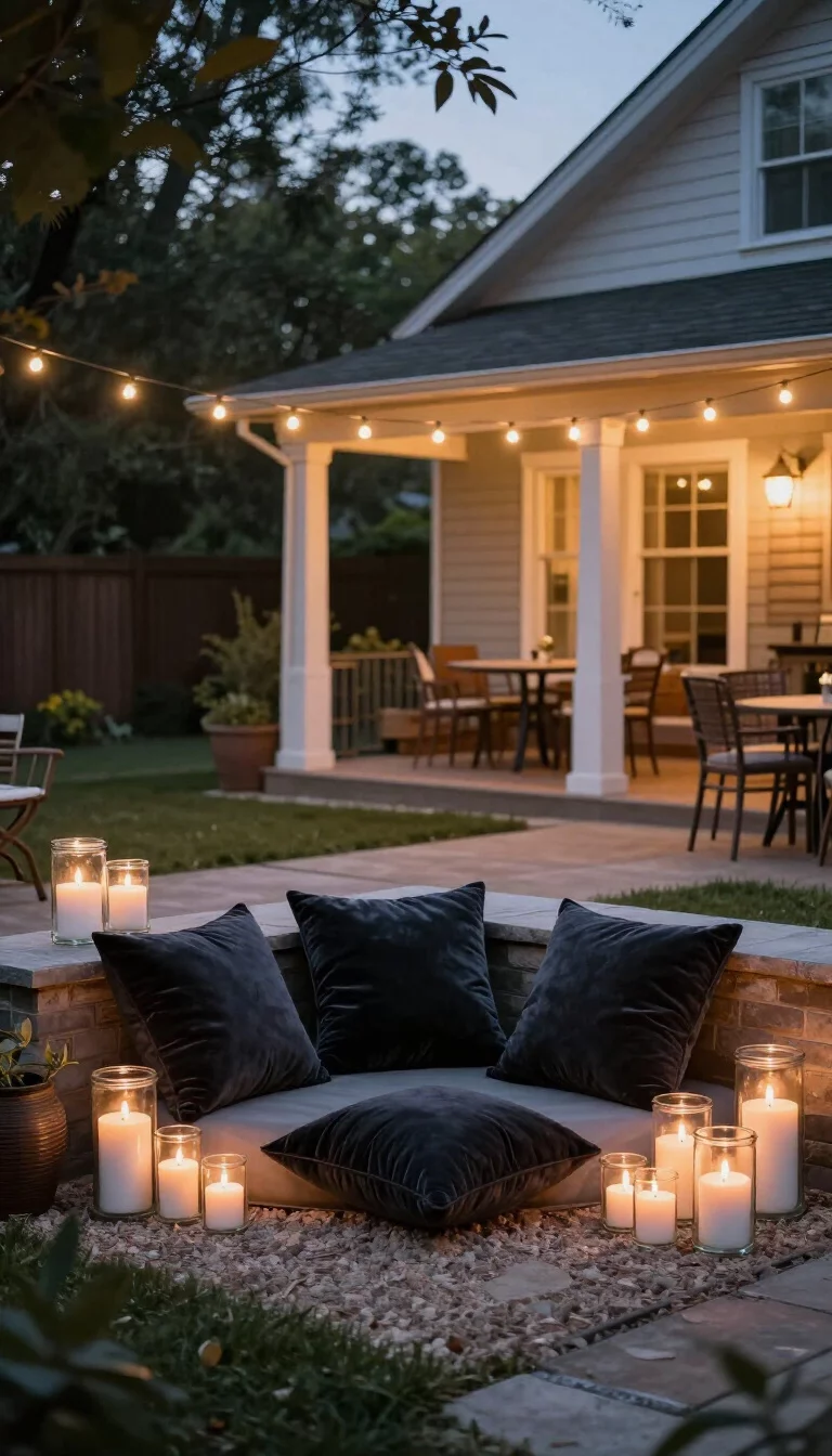 A realistic photo of an American home's backyard at twilight with cafe lights overhead, many white candles in glass jars, and dark velvet outdoor pillows.