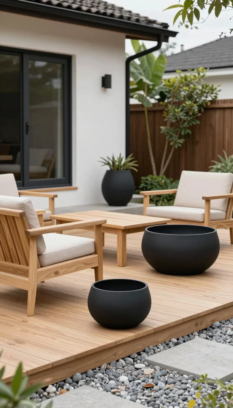 A realistic photo of an American home's backyard showing a Japandi style patio with light oak wood furniture, matte black sculptural planters, and a simple pebble garden border.