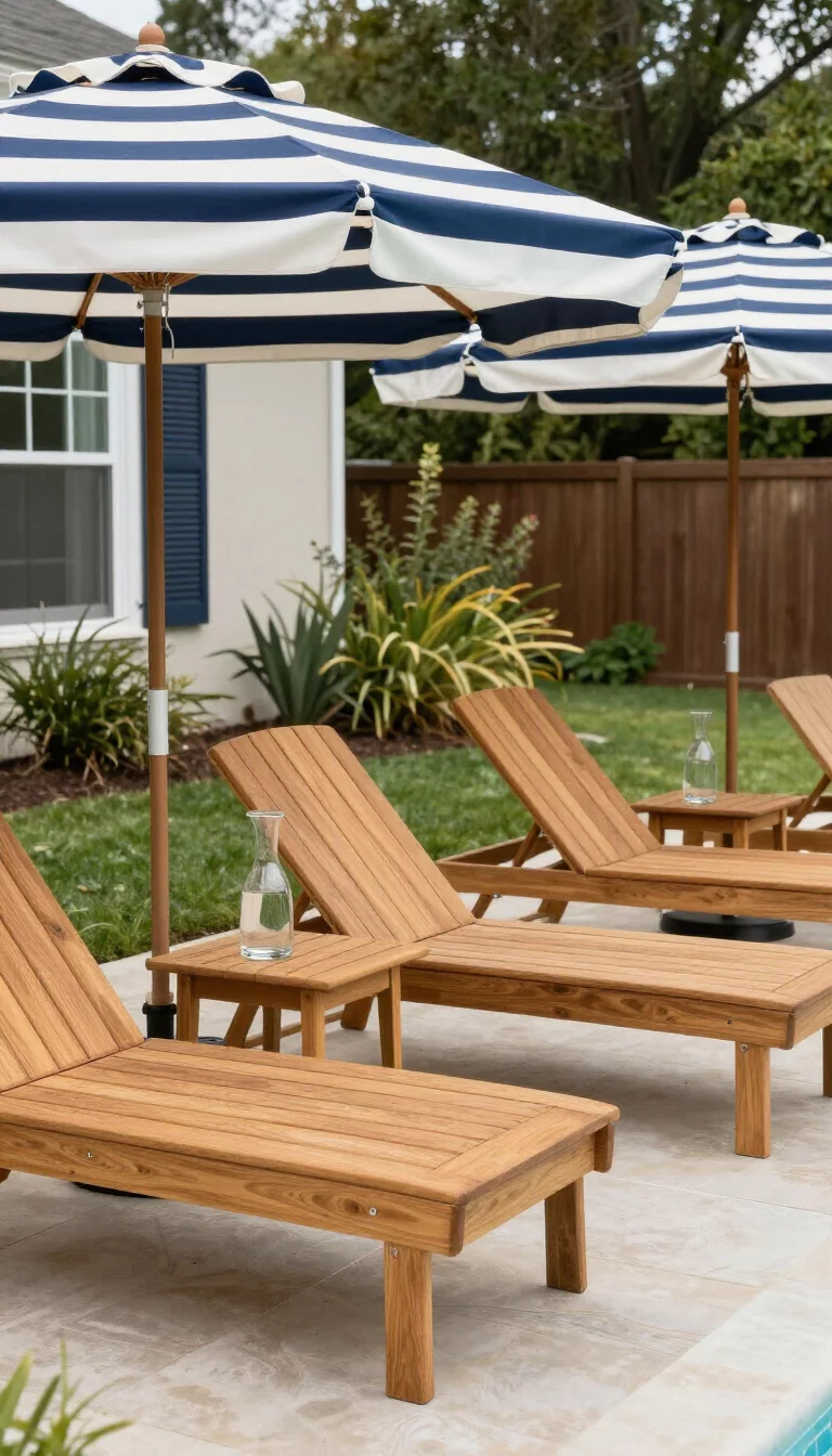 A realistic photo of an American home's backyard pool area with honey colored teak loungers, navy and white striped umbrellas, and clear glass carafes on small tables.