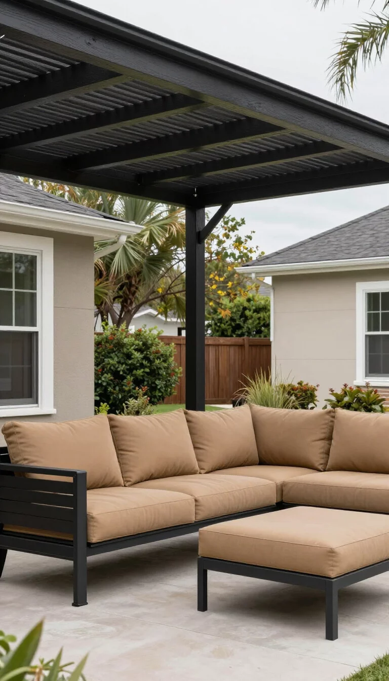 A realistic photo of an American home's backyard featuring a patio with a black slatted louvered roof and thick tan all weather cushions on a modern sofa.