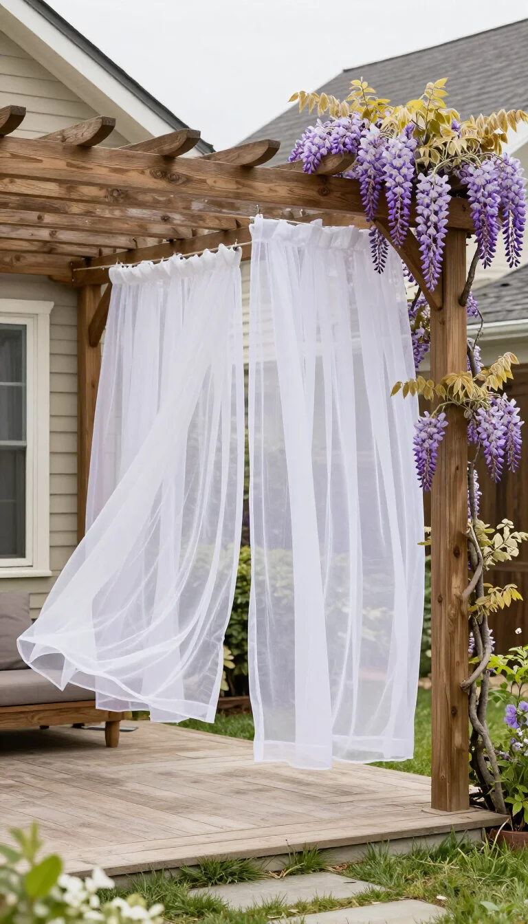 A realistic photo of an American home's backyard showcasing a wooden pergola patio with sheer white outdoor curtains blowing in the wind and purple wisteria vines climbing the posts.