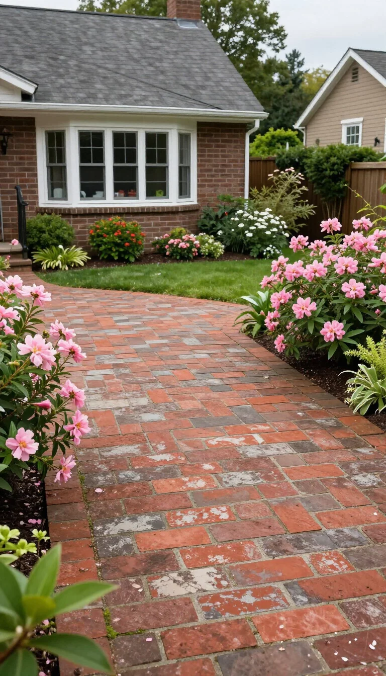 A realistic photo of an American home's backyard featuring an English garden patio with weathered red brick pavers and pink flowering bushes overflowing onto the edges.