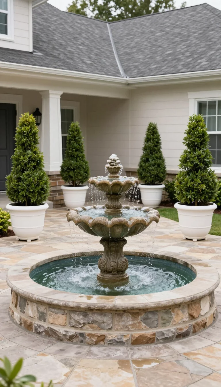 A realistic photo of an American home's backyard courtyard patio with a tiered stone water fountain and four green topiary trees in classic white pots.