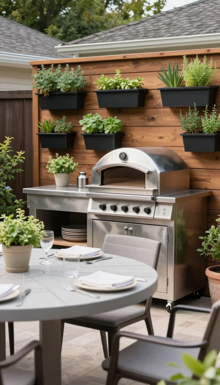 A realistic photo of an American home's backyard dining patio with a stainless steel pizza oven and a wooden wall filled with green herb planters.