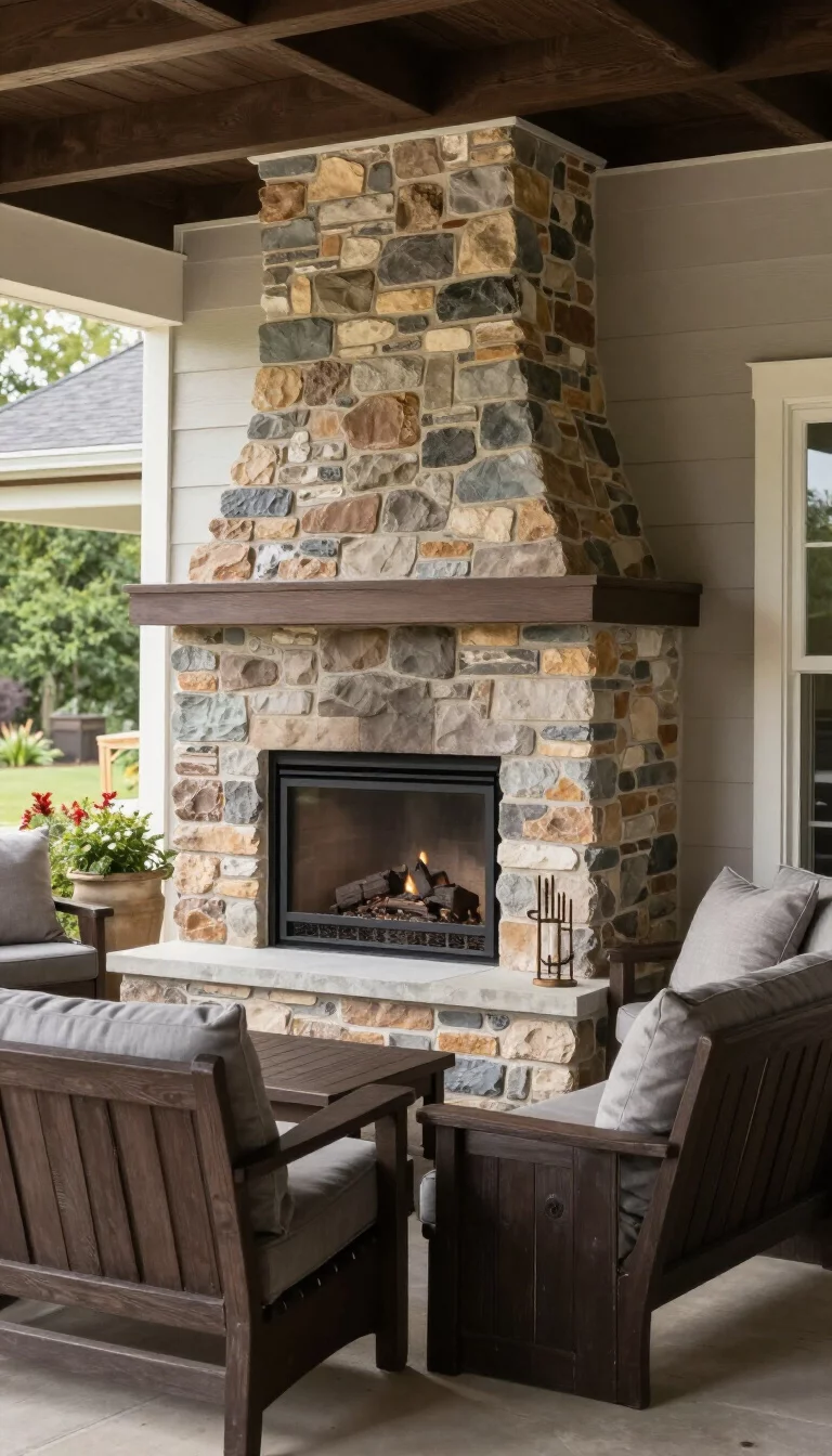 A realistic photo of an American home's covered patio featuring a stone outdoor fireplace and built in dark wood bench seating with grey cushions.