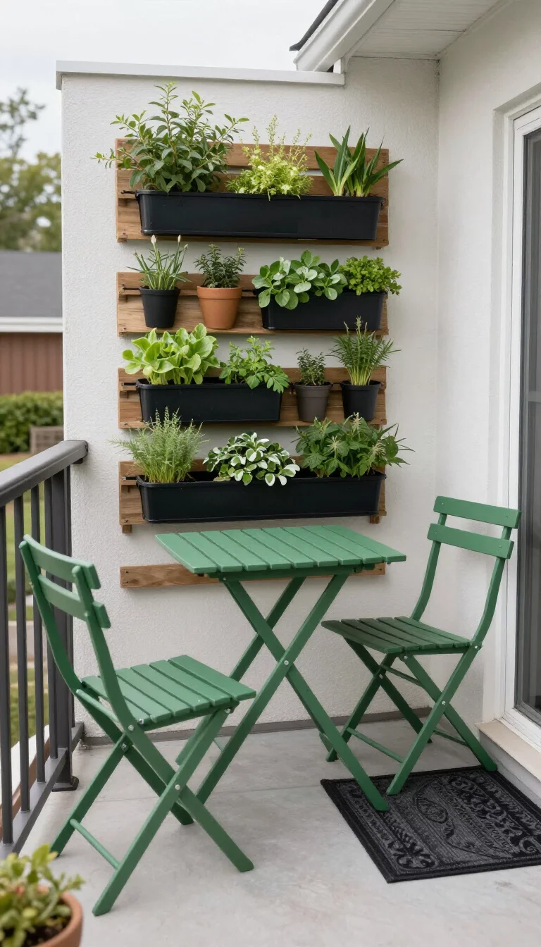 A realistic photo of an American home's small balcony patio with green folding wooden furniture, a vertical pallet garden wall with herbs, and a small black outdoor rug.