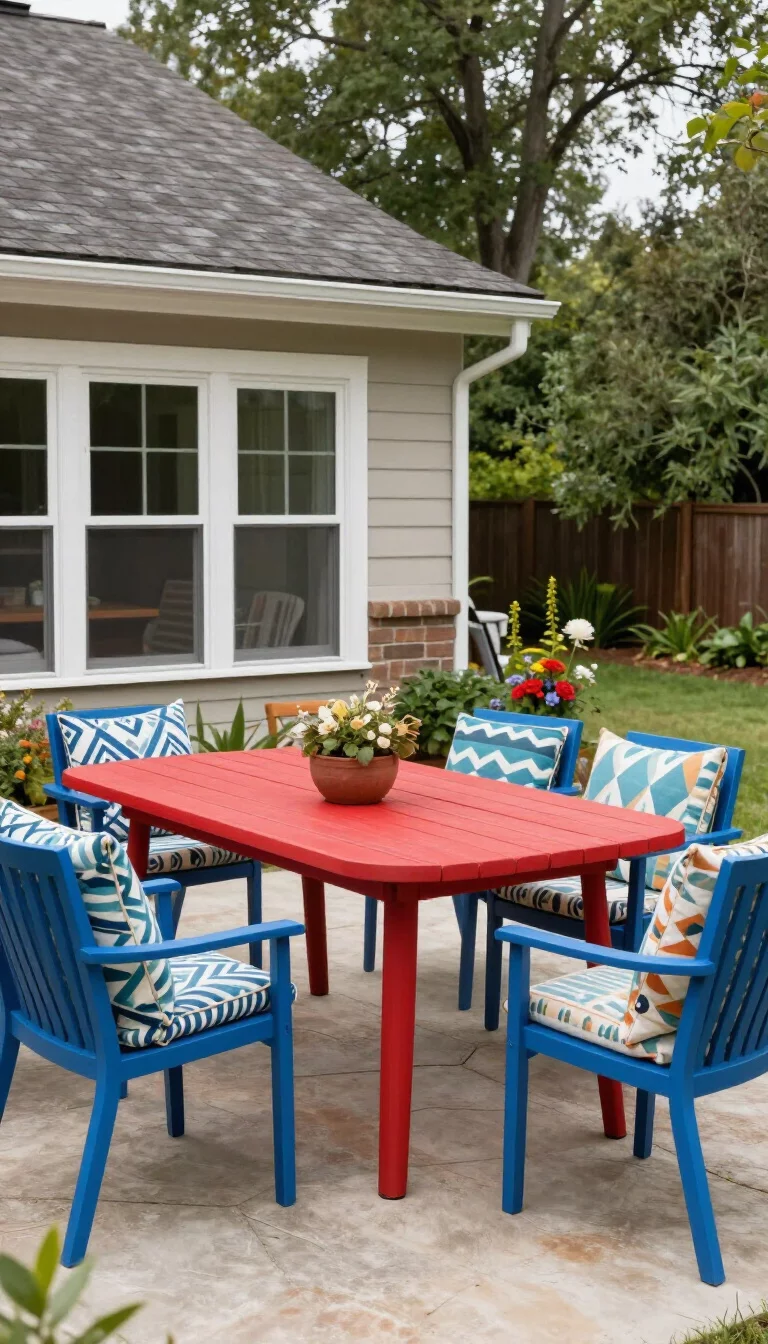 A realistic photo of an American home's backyard with an eclectic patio featuring a bright red table, blue chairs, and pillows with various geometric patterns.