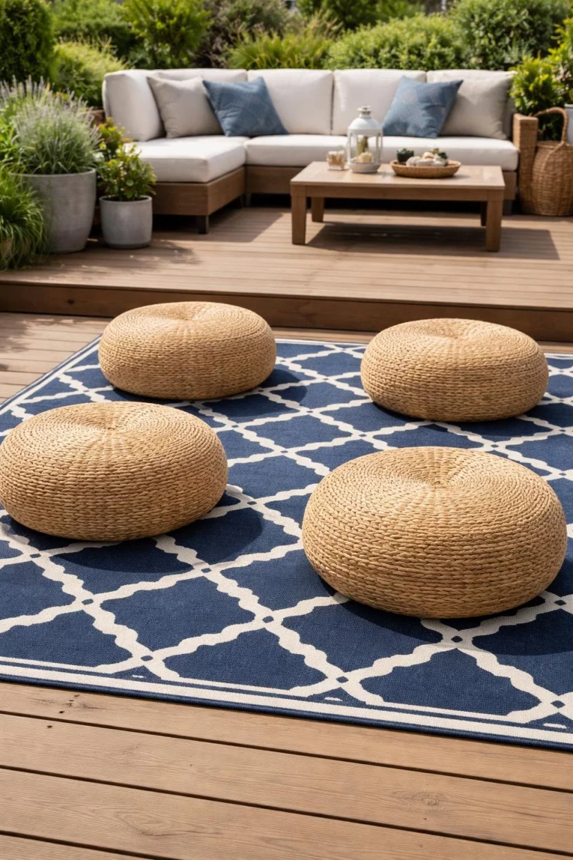 A realistic photo of a low wooden deck with four large round woven jute poufs and a large outdoor area rug with a navy and white Moroccan pattern.