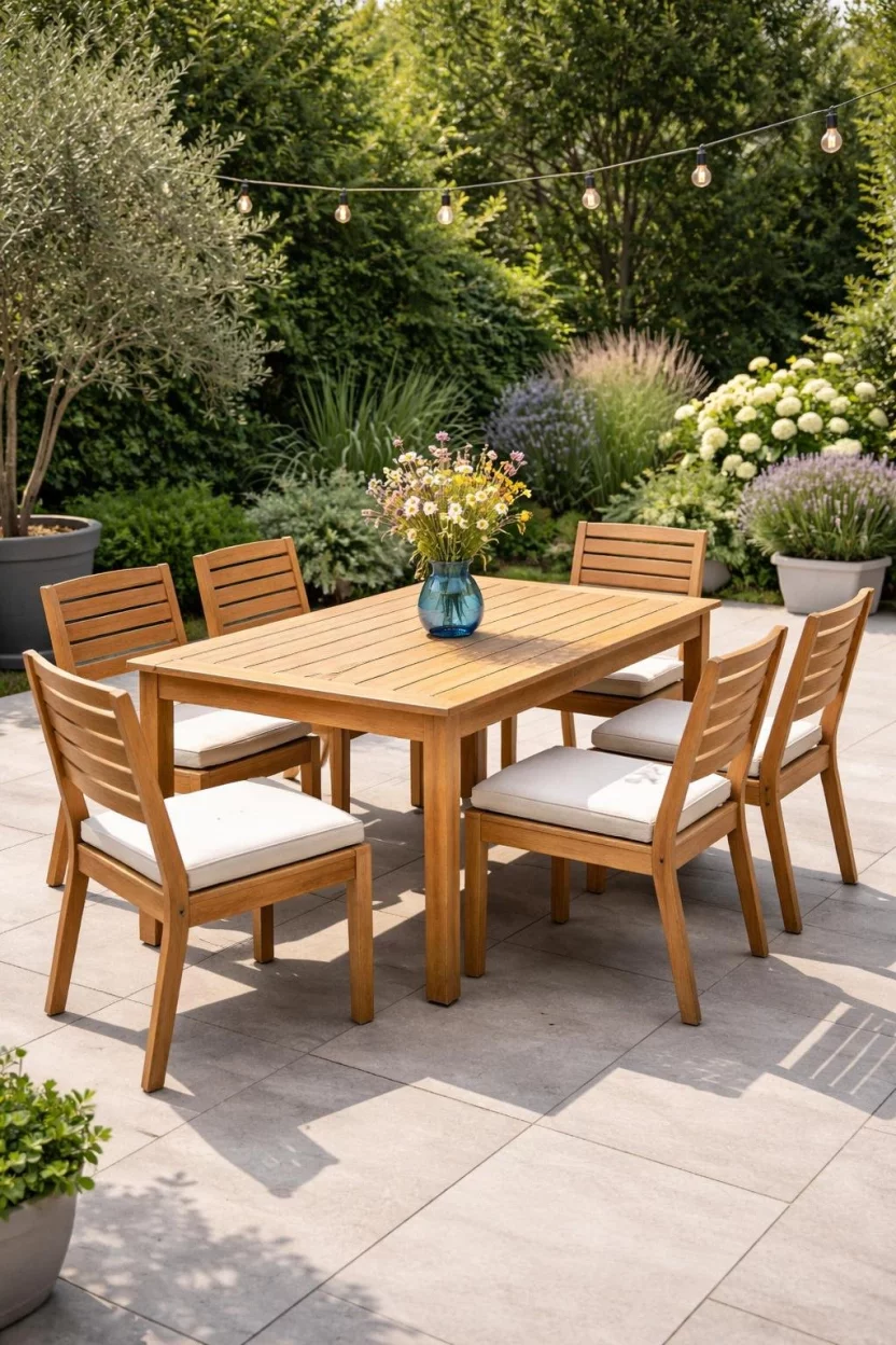 A realistic photo of a patio with a rectangular teak dining table and six matching teak chairs with cream seat cushions, topped with a blue glass vase filled with wildflowers.