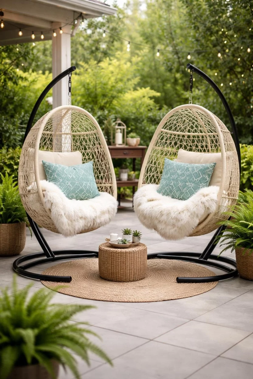 A realistic photo of a patio with two cream wicker hanging egg chairs suspended from black metal stands, decorated with fuzzy white blankets and patterned turquoise cushions near potted ferns.