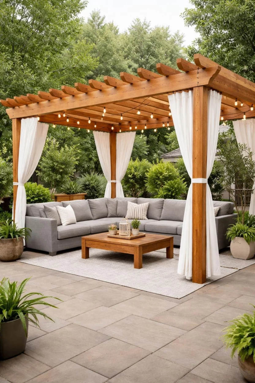 A realistic photo of a patio with a large cedar wood pergola over a gray sectional sofa, featuring white canvas curtains tied to the posts and a warm wood coffee table.