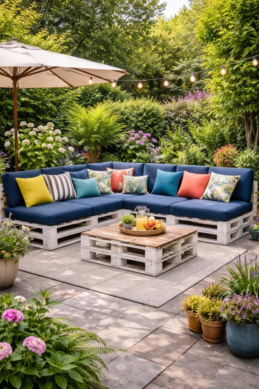 A realistic photo of a garden patio with a large L-shaped sectional sofa made from recycled wooden pallets painted white, covered with thick dark blue cushions and multiple colorful throw pillows.
