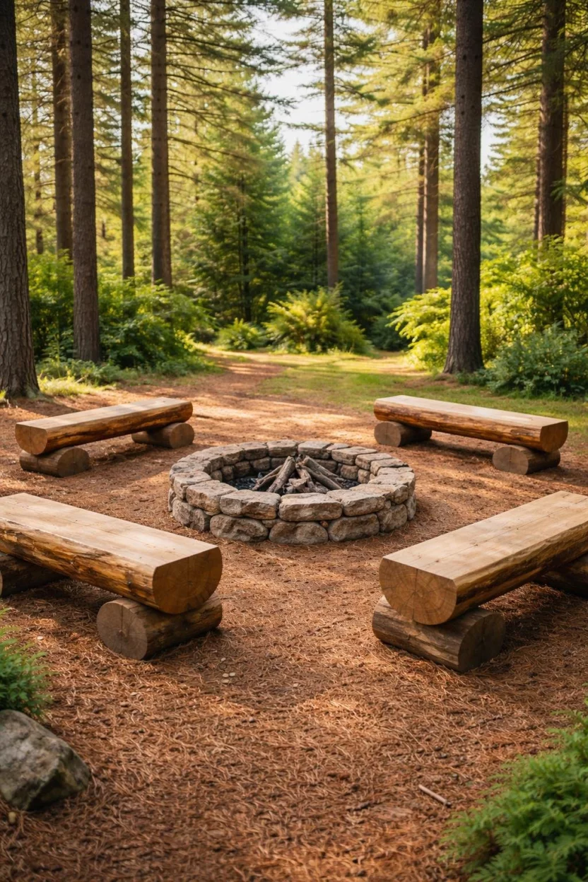 A realistic photo of a garden clearing with four natural pine log benches arranged in a circle around a central stone fire pit surrounded by tall pine trees and pine needles.