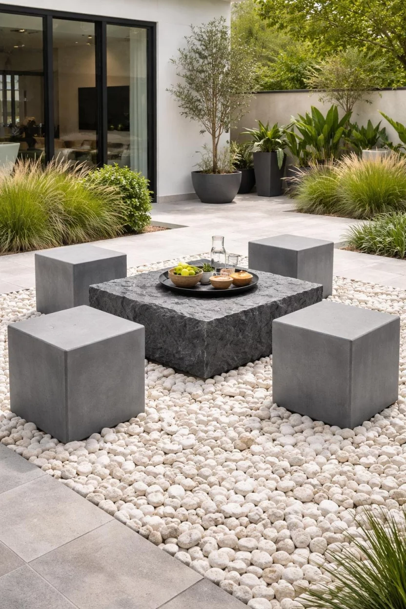 A realistic photo of a modern patio with four gray square concrete stools arranged around a low basalt stone coffee table on a bed of white river rocks.
