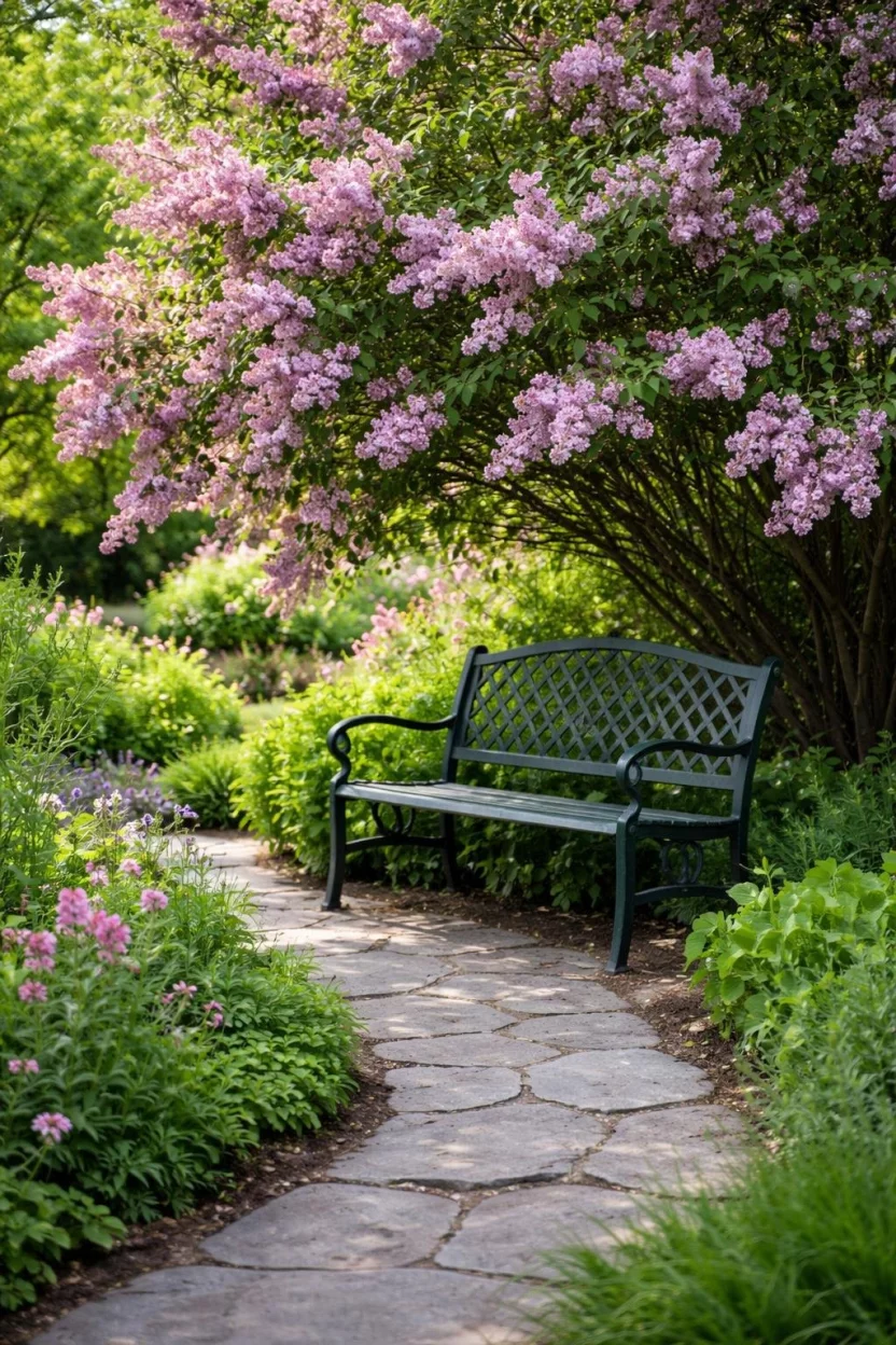 A realistic photo of a garden path with a dark green metal garden bench tucked under a blooming lilac bush with pink flowers and a small gray stone path.