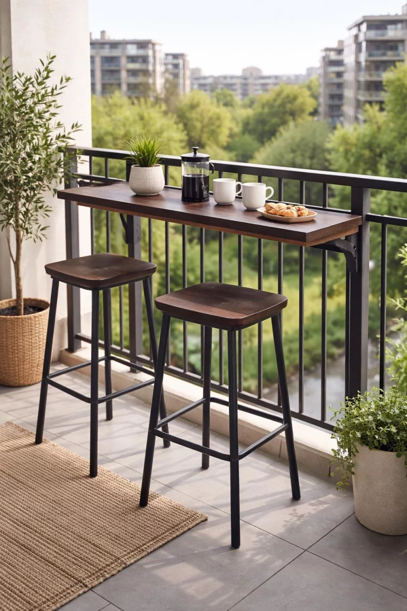 A realistic photo of a small balcony with a tall dark brown wood bar table attached to the railing and two matching tall bar stools with black metal legs.