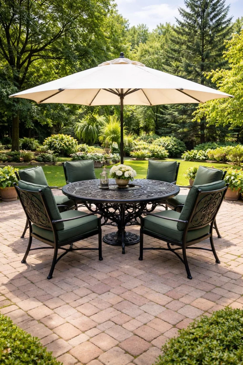 A realistic photo of a brick patio with an ornate black cast aluminum dining table and six chairs with dark green cushions under a cream patio umbrella.