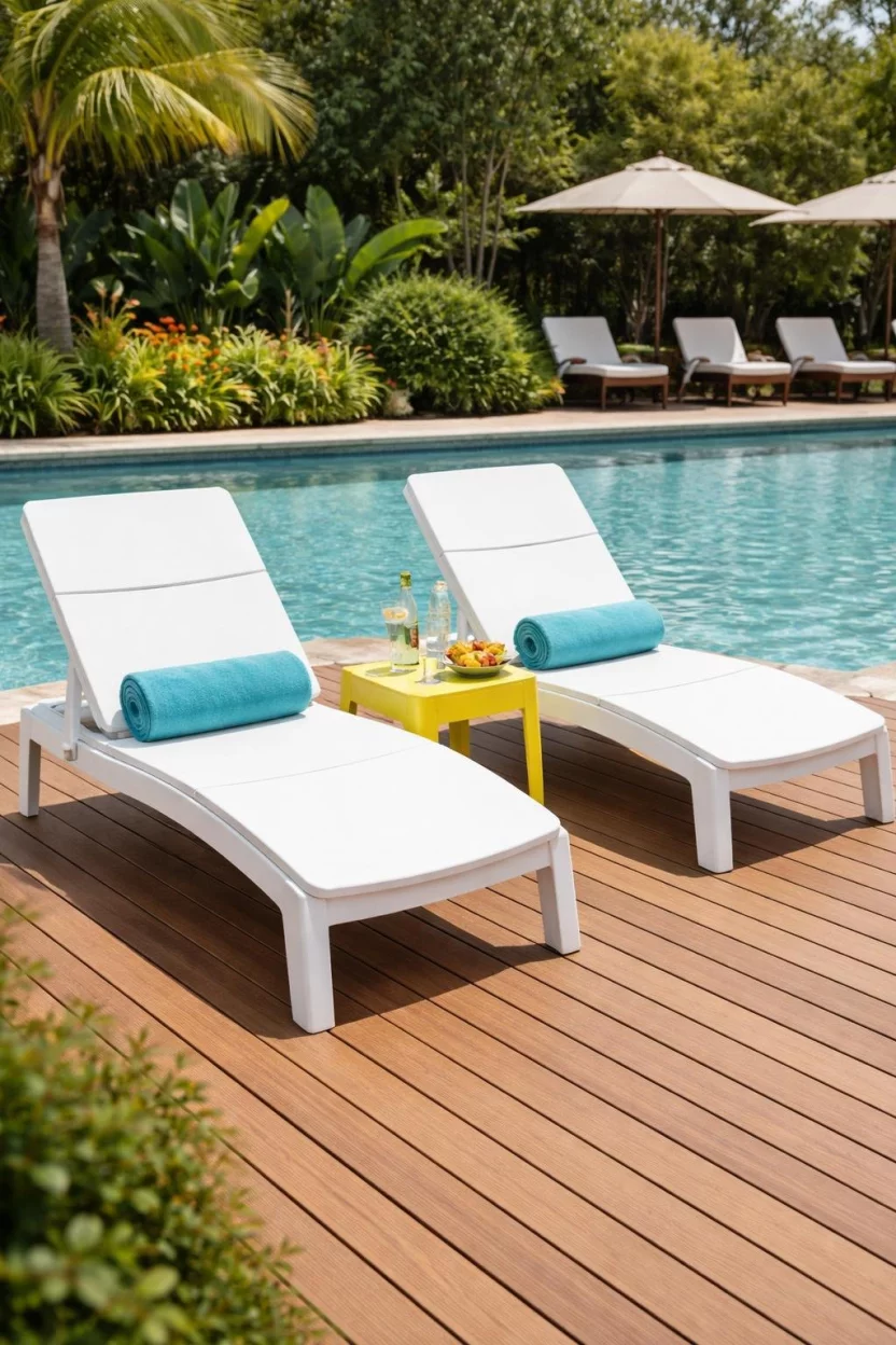 A realistic photo of a poolside area with two white resin chaise loungers featuring turquoise towels and a small yellow plastic side table on a wooden deck.