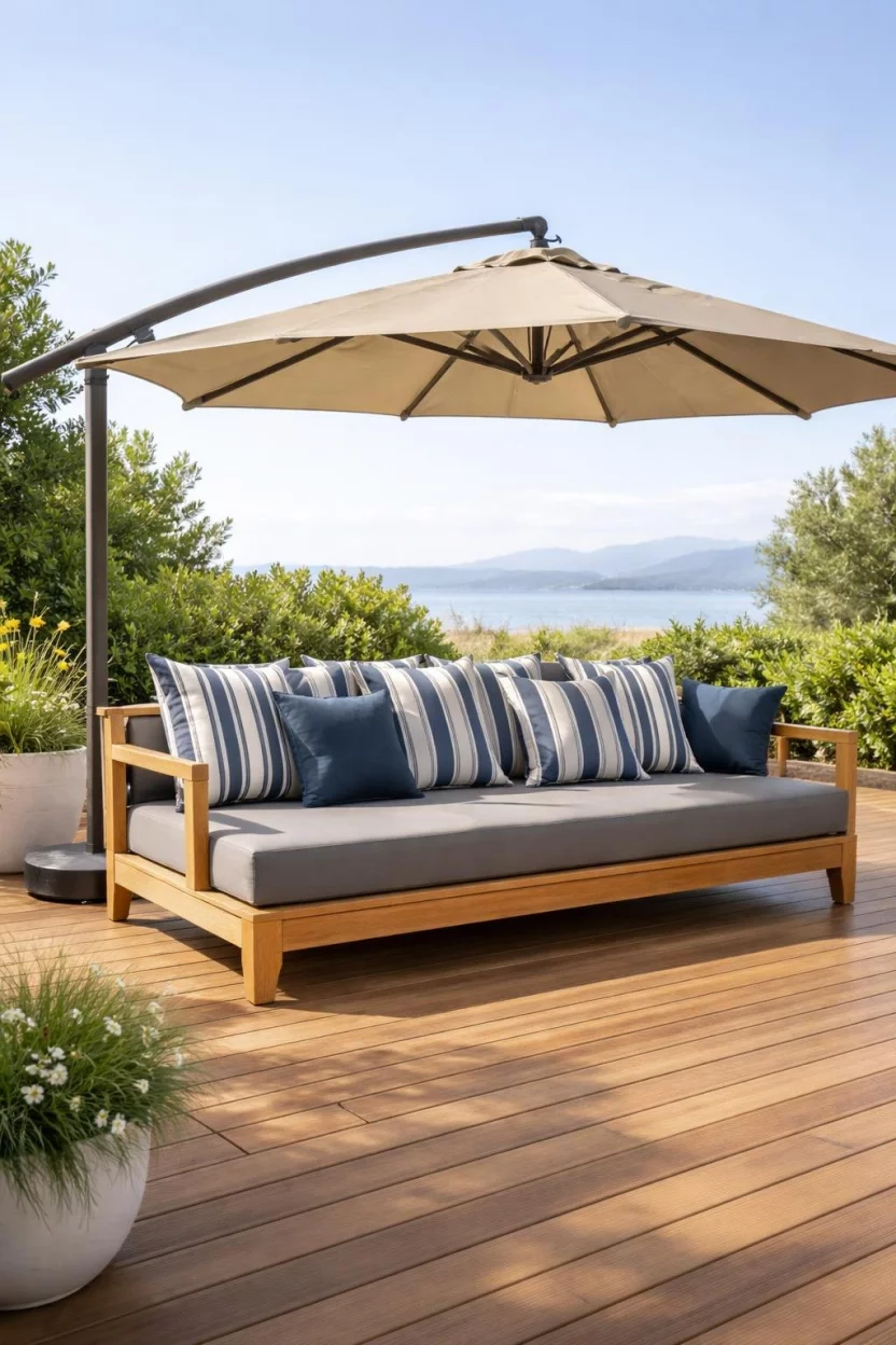 A realistic photo of a wooden deck featuring a wide teak daybed with a gray waterproof mattress and several striped navy blue and white pillows under a large beige cantilever umbrella.