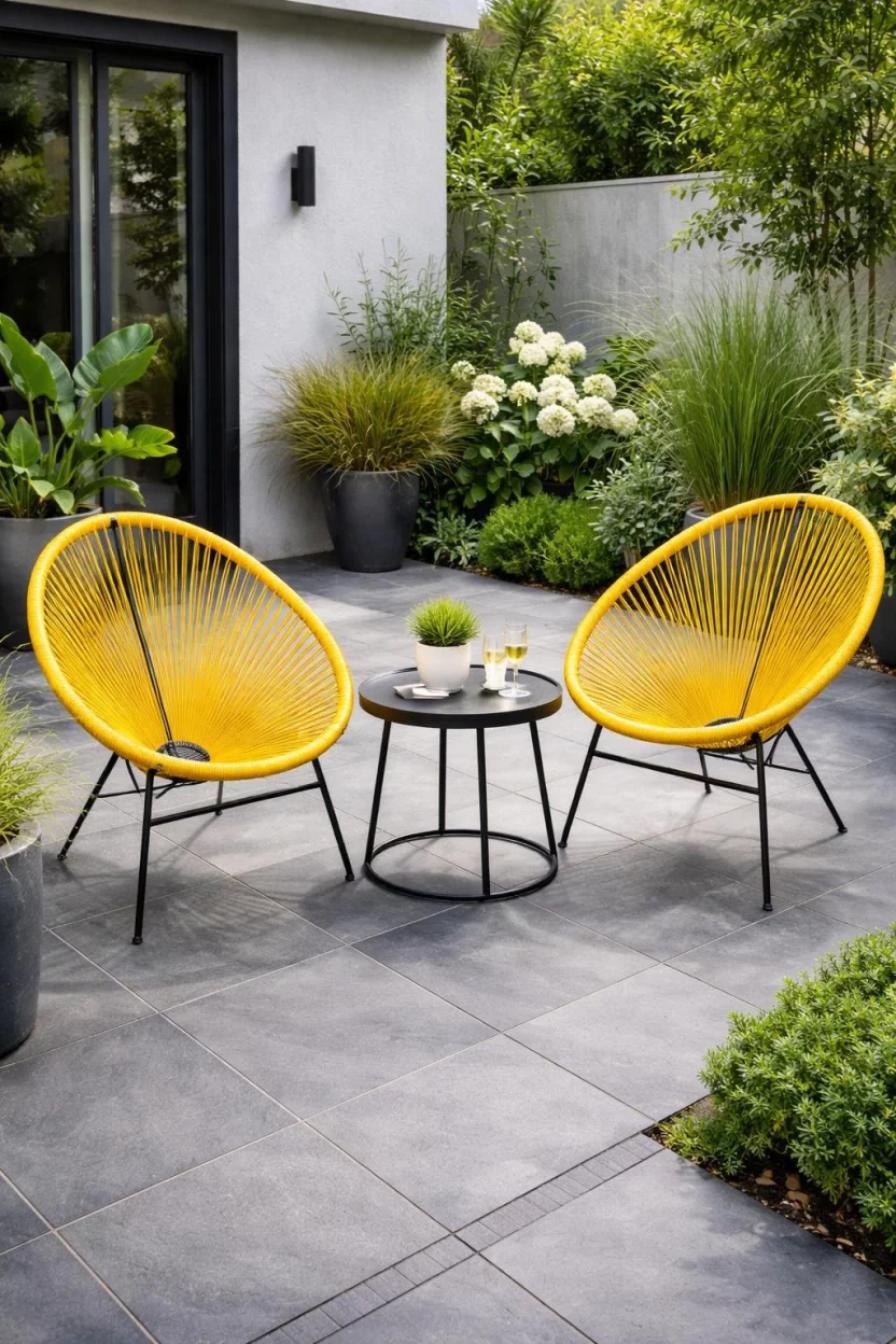 A realistic photo of a modern garden patio with two bright yellow Acapulco chairs and a small black metal side table on a gray slate tile floor.