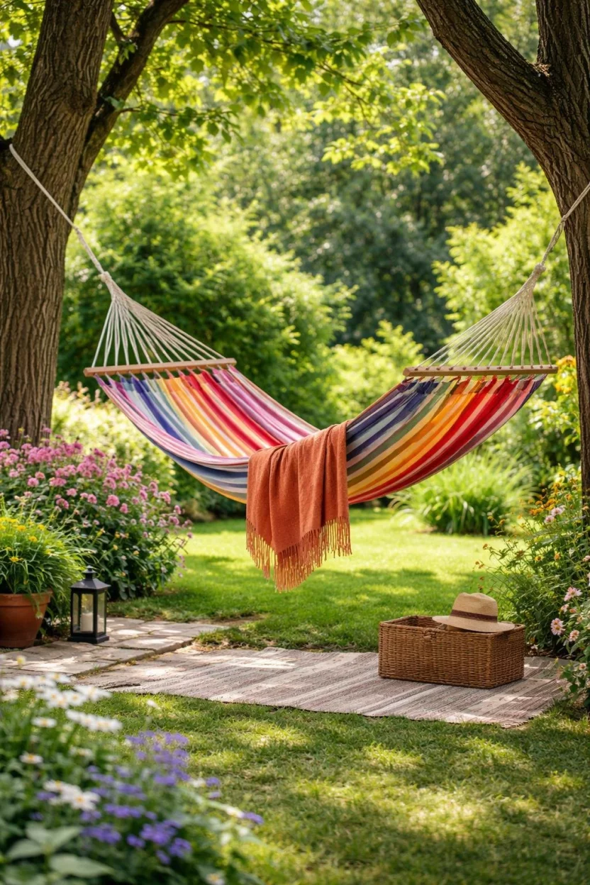 A realistic photo of a garden corner with a colorful striped fabric hammock stretched between two large trees, featuring a soft orange fringed throw blanket draped over the edge.