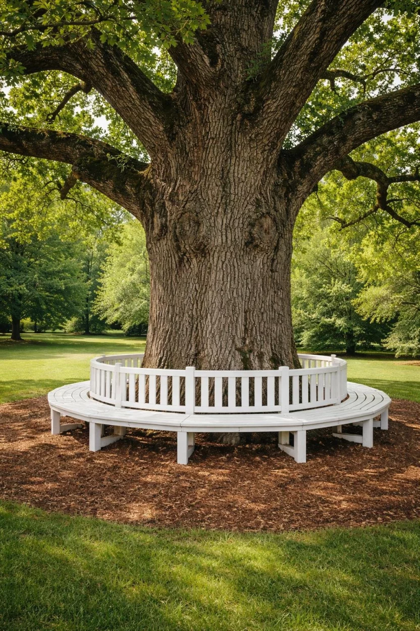 A realistic photo of a large old oak tree with a circular white wooden bench built entirely around the base of the trunk on a bed of brown mulch.