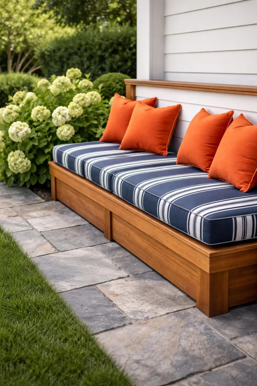 A realistic photo of a built in wooden patio bench topped with thick navy blue striped cushions and orange throw pillows, situated next to a stone walkway and green hydrangeas.