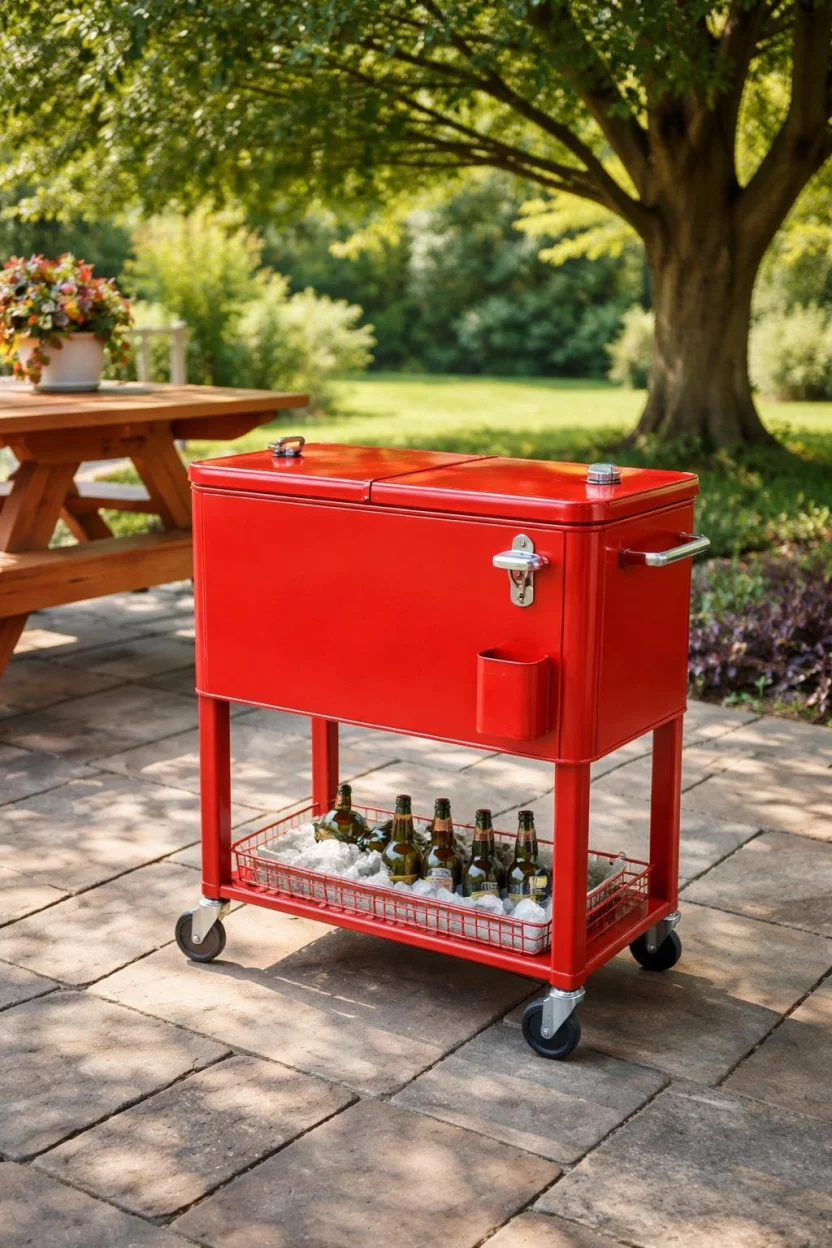 A realistic photo of a vintage style red metal rolling cooler with a built in bottle opener, sitting on a stone patio next to a wooden picnic table under a large green tree.