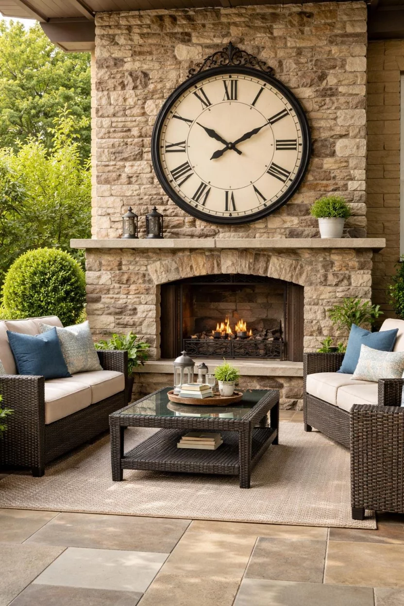 A realistic photo of a large black wrought iron outdoor clock mounted on a stone fireplace wall over a patio, with comfortable wicker seating and a glass coffee table nearby.